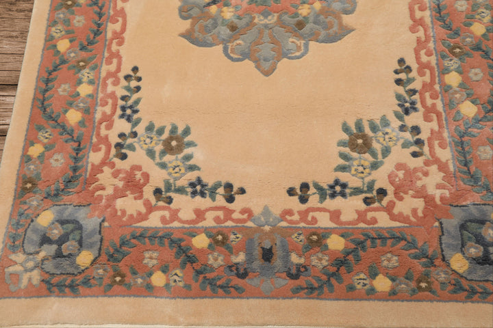 4x6 Peach, Blush, Blue Color Hand Knotted French Aubusson Savonerrie Wool Traditional Oriental Rug