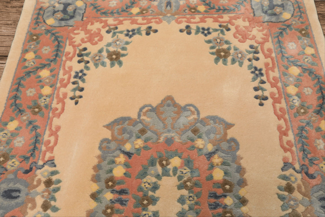 4x6 Peach, Blush, Blue Color Hand Knotted French Aubusson Savonerrie Wool Traditional Oriental Rug