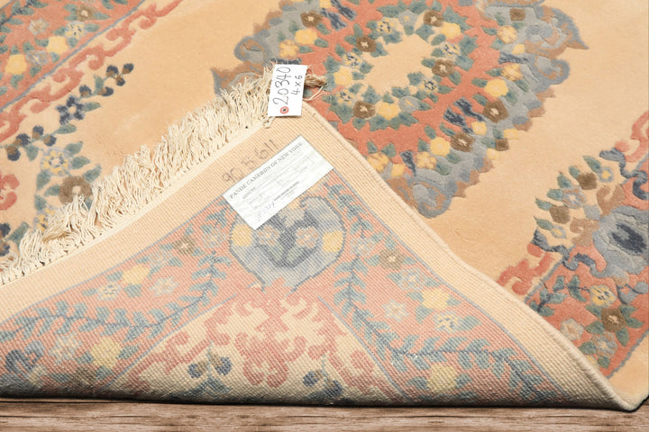 4x6 Peach, Blush, Blue Color Hand Knotted French Aubusson Savonerrie Wool Traditional Oriental Rug