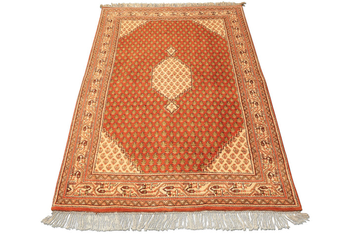 4x6 Burnt Orange, Ivory, Lime Color Hand Knotted Paisley Wool Traditional Oriental Rug