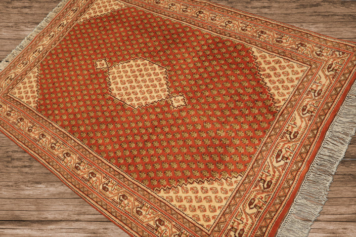 4x6 Burnt Orange, Ivory, Lime Color Hand Knotted Paisley Wool Traditional Oriental Rug