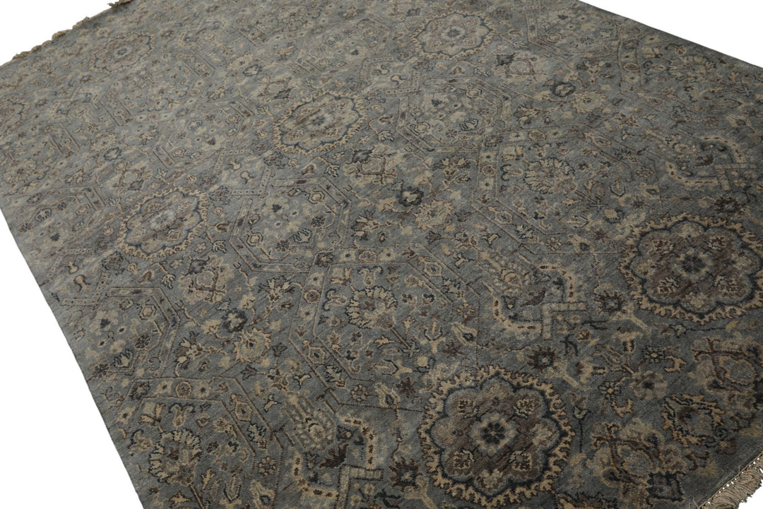 6x9 Blue, Brown, Ivory Color Hand Knotted Agra Wool Traditional Oriental Rug