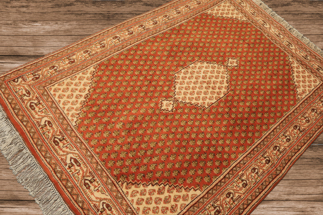 4x6 Burnt Orange, Ivory, Lime Color Hand Knotted Paisley Wool Traditional Oriental Rug