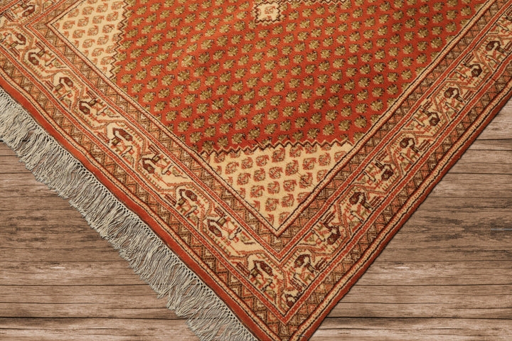 4x6 Burnt Orange, Ivory, Lime Color Hand Knotted Paisley Wool Traditional Oriental Rug