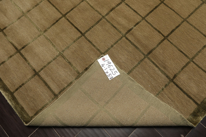 4x6 Moss, Green, Color Hand Knotted Tibetan Wool & Silk Transitional Oriental Rug