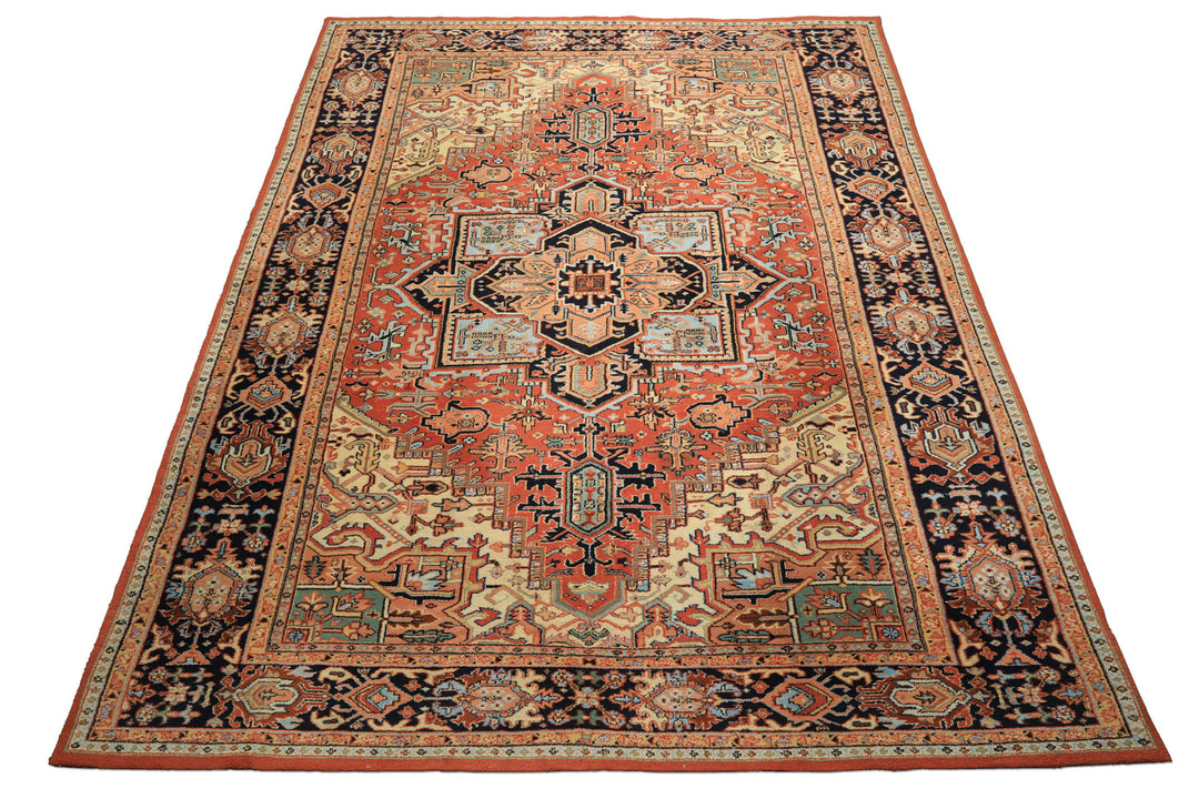 9x12 Burnt Orange, Navy, Ivory Color Hand Knotted Heriz Wool Traditional Oriental Rug