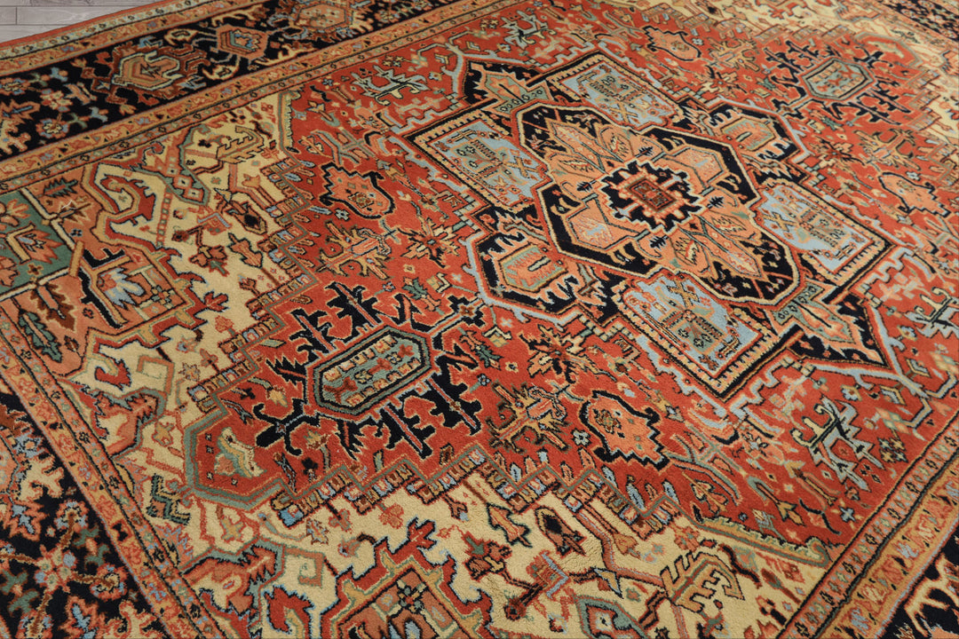 9x12 Burnt Orange, Navy, Ivory Color Hand Knotted Heriz Wool Traditional Oriental Rug