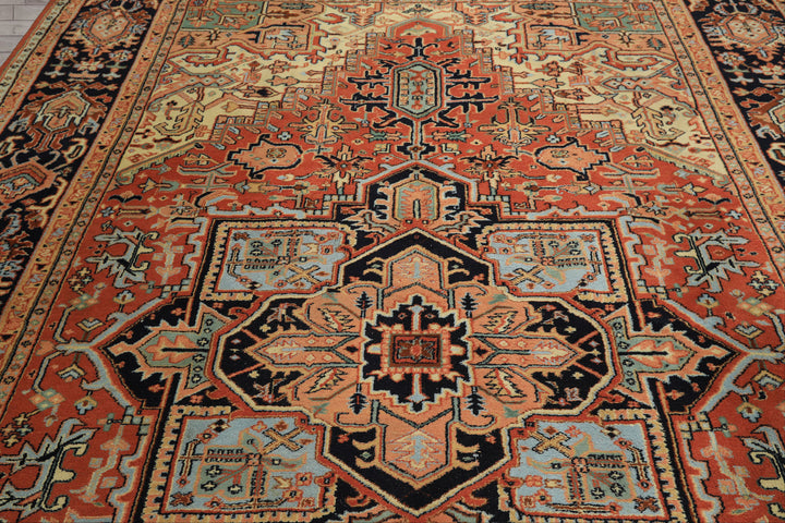 9x12 Burnt Orange, Navy, Ivory Color Hand Knotted Heriz Wool Traditional Oriental Rug