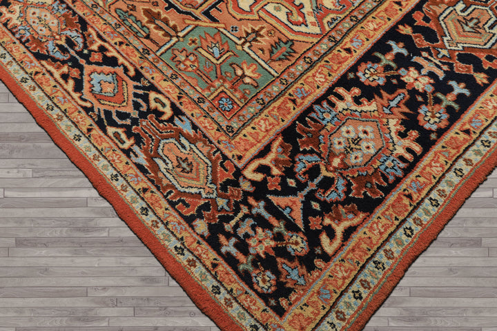 9x12 Burnt Orange, Navy, Ivory Color Hand Knotted Heriz Wool Traditional Oriental Rug