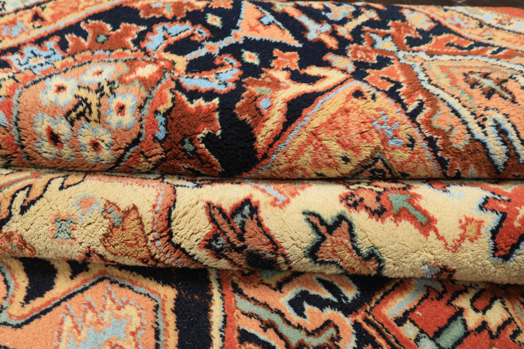 9x12 Burnt Orange, Navy, Ivory Color Hand Knotted Heriz Wool Traditional Oriental Rug