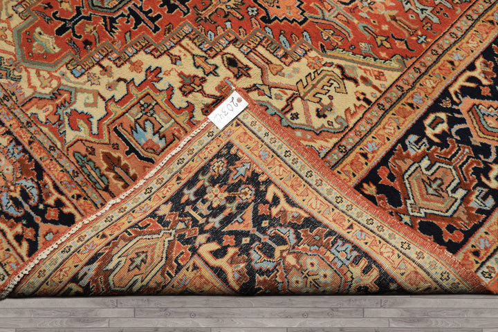9x12 Burnt Orange, Navy, Ivory Color Hand Knotted Heriz Wool Traditional Oriental Rug