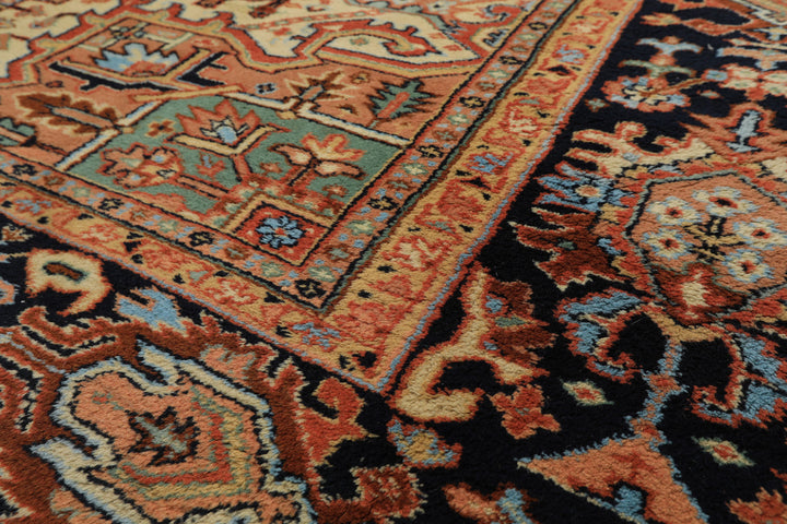 9x12 Burnt Orange, Navy, Ivory Color Hand Knotted Heriz Wool Traditional Oriental Rug