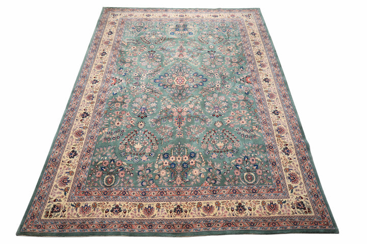 9x12 Turquoise, Ivory, Navy Color Hand Knotted Sarouk Wool Traditional Oriental Rug