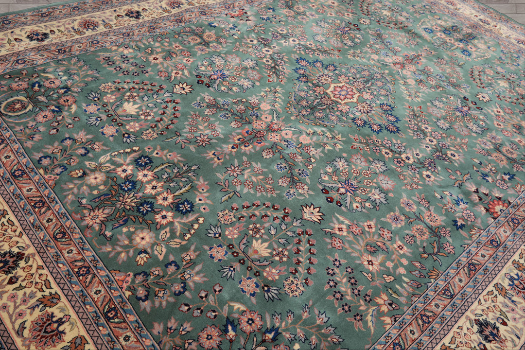 9x12 Turquoise, Ivory, Navy Color Hand Knotted Sarouk Wool Traditional Oriental Rug