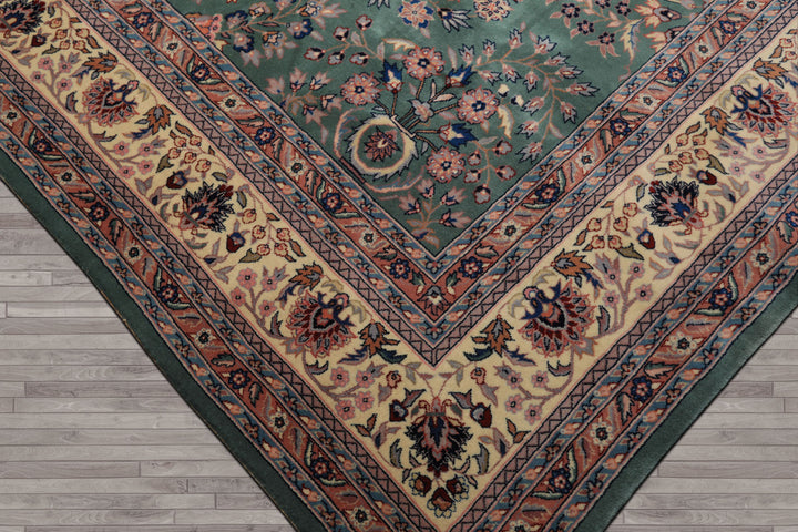 9x12 Turquoise, Ivory, Navy Color Hand Knotted Sarouk Wool Traditional Oriental Rug