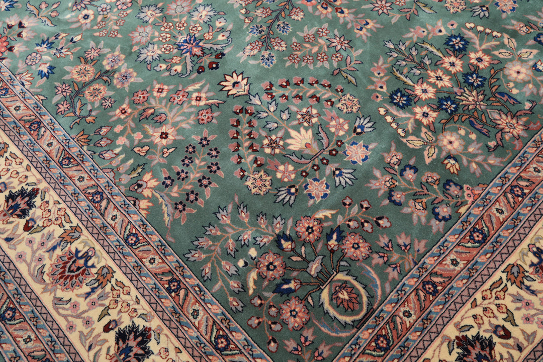 9x12 Turquoise, Ivory, Navy Color Hand Knotted Sarouk Wool Traditional Oriental Rug