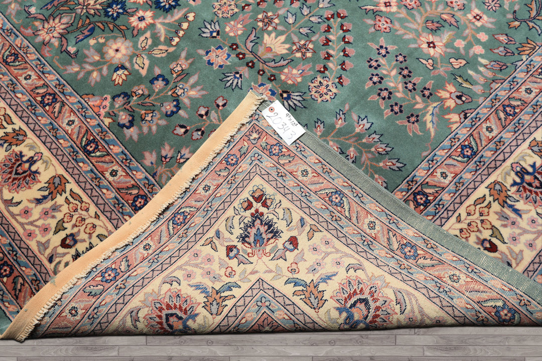 9x12 Turquoise, Ivory, Navy Color Hand Knotted Sarouk Wool Traditional Oriental Rug