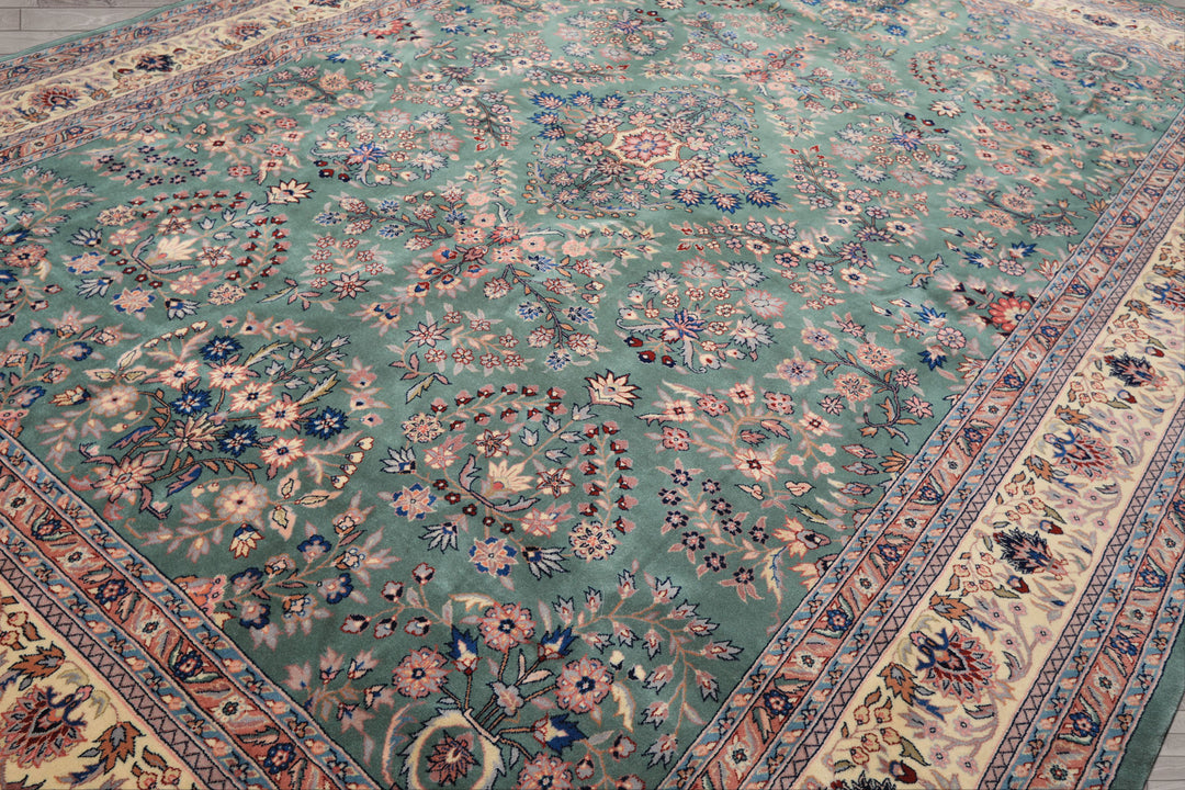 9x12 Turquoise, Ivory, Navy Color Hand Knotted Sarouk Wool Traditional Oriental Rug
