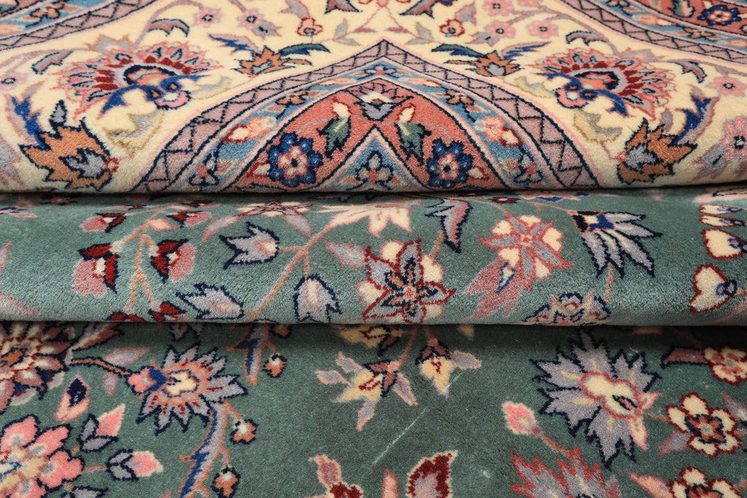 9x12 Turquoise, Ivory, Navy Color Hand Knotted Sarouk Wool Traditional Oriental Rug