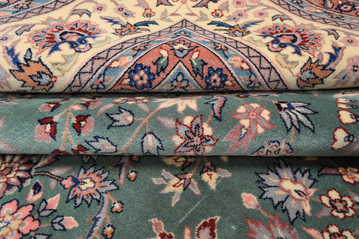 9x12 Turquoise, Ivory, Navy Color Hand Knotted Sarouk Wool Traditional Oriental Rug