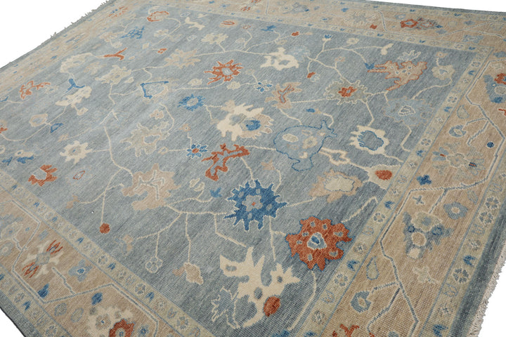 Multi Size Blue Taupe Ivory Color Hand Knotted Oushak Wool Arts & Crafts Oriental Rug