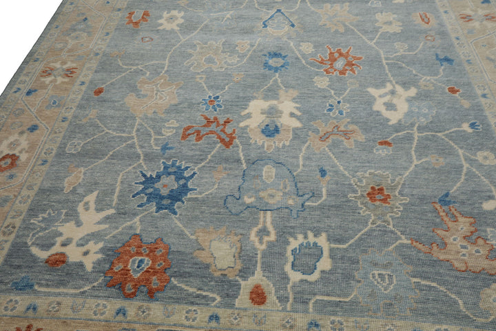 Multi Size Blue Taupe Ivory Color Hand Knotted Oushak Wool Arts & Crafts Oriental Rug