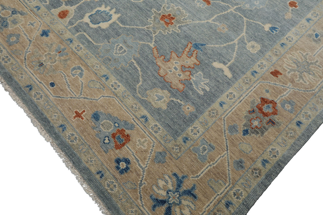 Multi Size Blue Taupe Ivory Color Hand Knotted Oushak Wool Arts & Crafts Oriental Rug