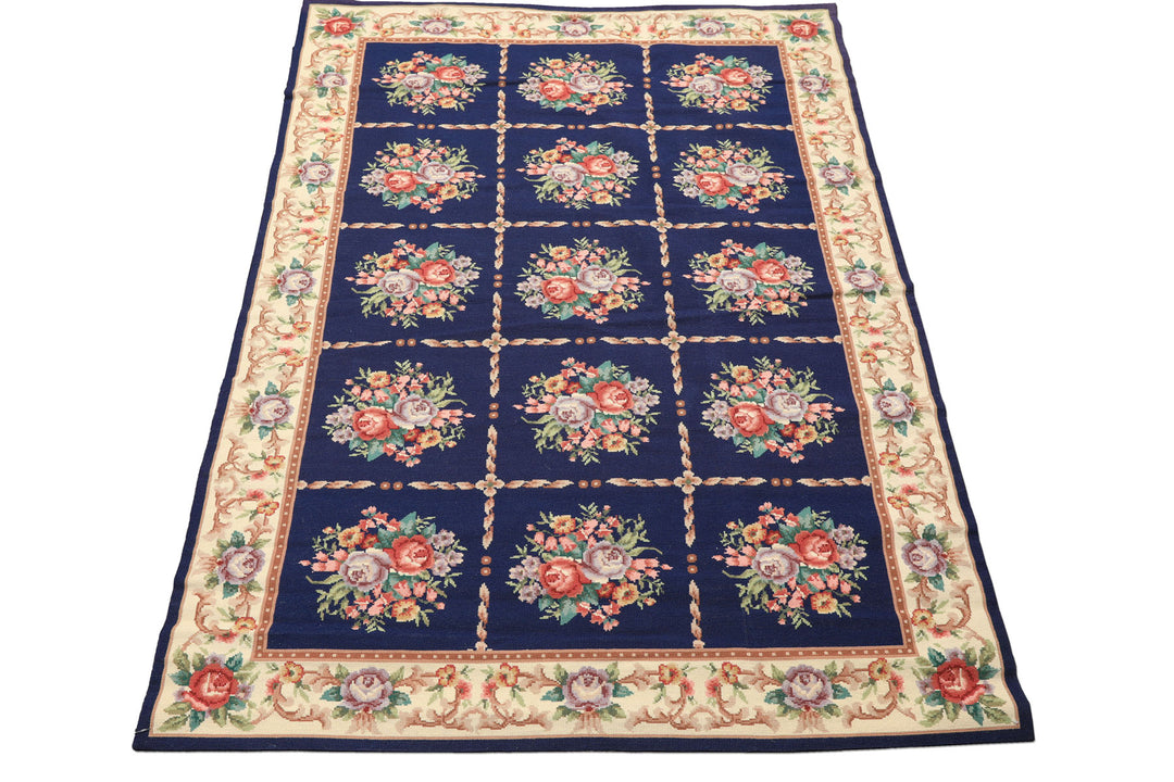4x6 Navy, Ivory, Green Color Hand Knotted French Aubusson Needlepoint Wool Traditional Oriental Rug