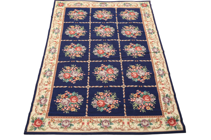 4x6 Navy, Ivory, Green Color Hand Knotted French Aubusson Needlepoint Wool Traditional Oriental Rug