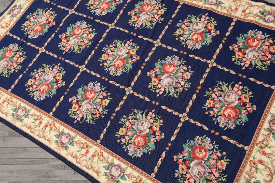 4x6 Navy, Ivory, Green Color Hand Knotted French Aubusson Needlepoint Wool Traditional Oriental Rug