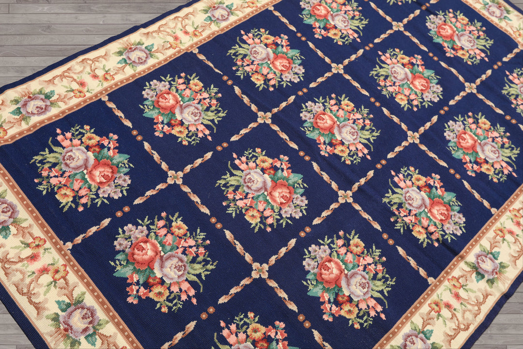 4x6 Navy, Ivory, Green Color Hand Knotted French Aubusson Needlepoint Wool Traditional Oriental Rug