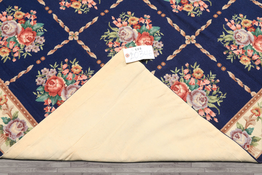 4x6 Navy, Ivory, Green Color Hand Knotted French Aubusson Needlepoint Wool Traditional Oriental Rug