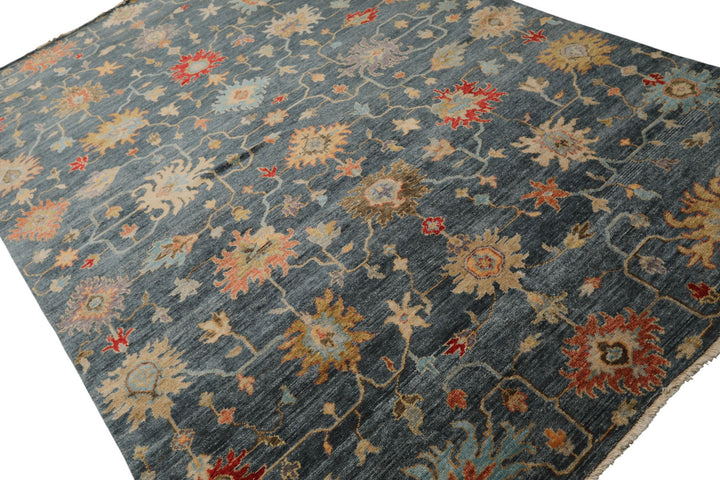 7x9 Navy, Gold, Coral Color Hand Knotted Oushak Wool Transitional Oriental Rug