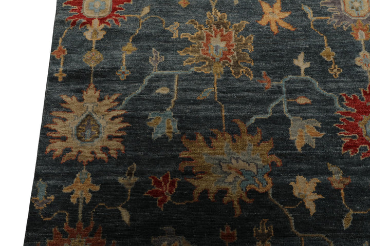 7x9 Navy, Gold, Coral Color Hand Knotted Oushak Wool Transitional Oriental Rug