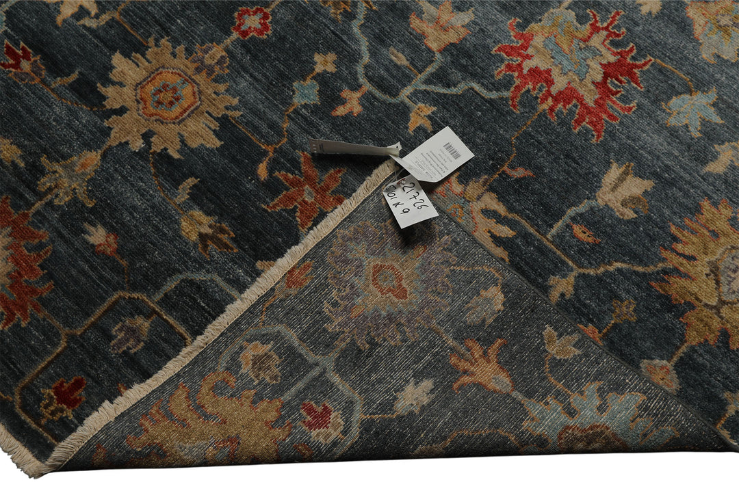 7x9 Navy, Gold, Coral Color Hand Knotted Oushak Wool Transitional Oriental Rug