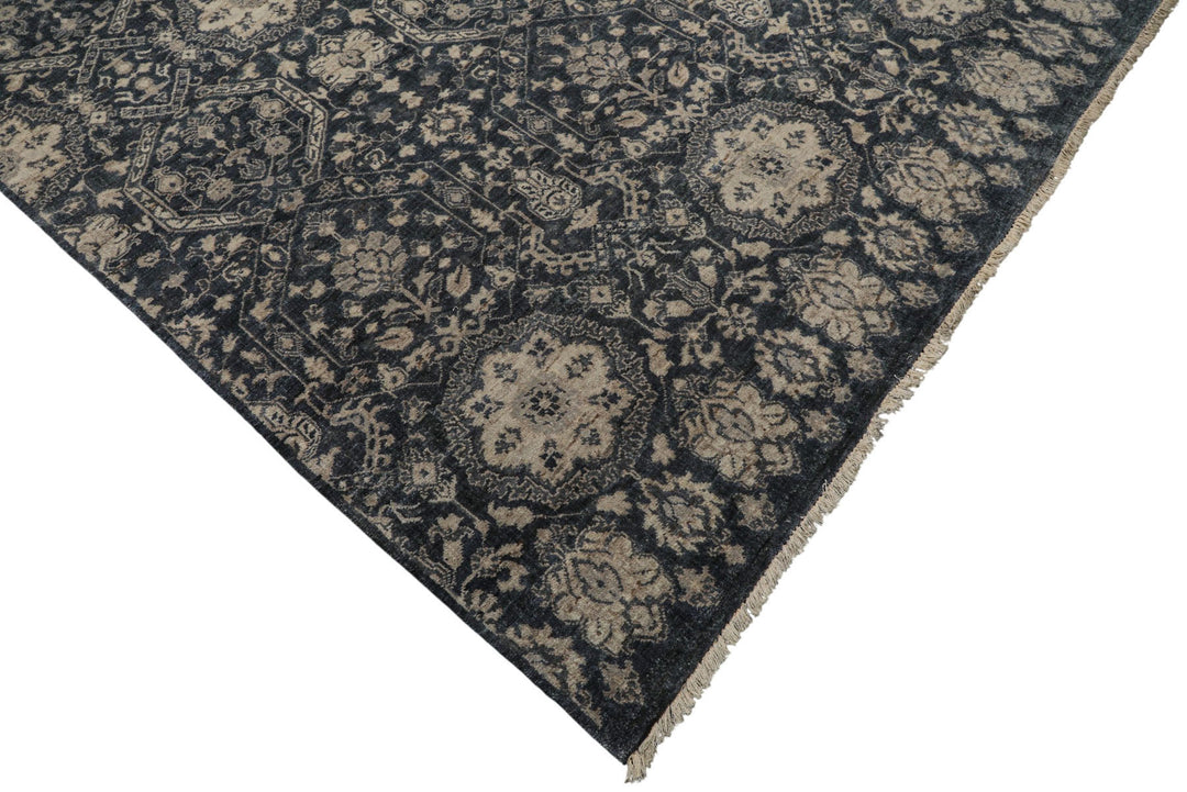 6x9 Navy, Gray, Aqua Color Hand Knotted Agra Wool Transitional Oriental Rug