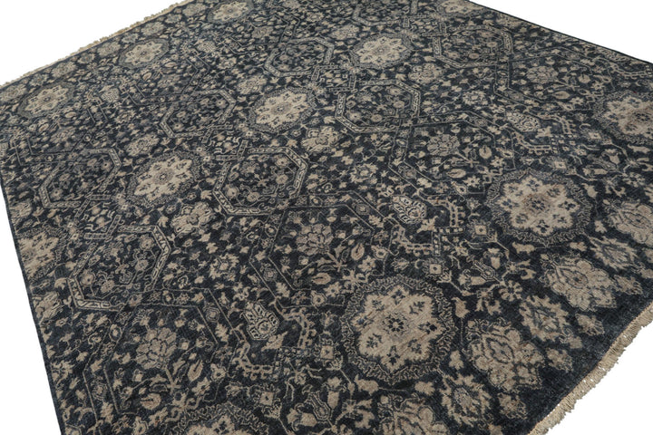 6x9 Navy, Gray, Aqua Color Hand Knotted Agra Wool Transitional Oriental Rug