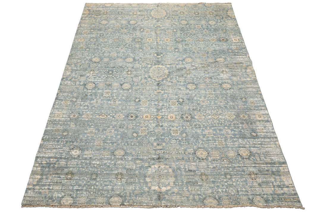 9x12 Aqua, Ivory, Beige Color Hand Knotted Tibetan Wool &amp; Silk Modern &amp; Contemporary Oriental Rug