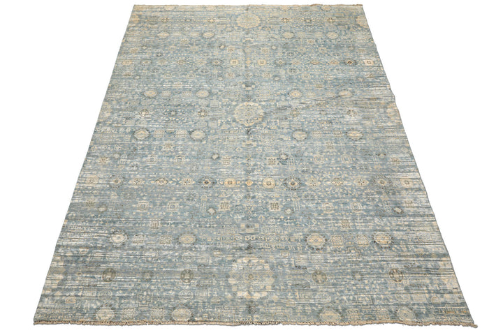 9x12 Aqua, Ivory, Beige Color Hand Knotted Tibetan Wool &amp; Silk Modern &amp; Contemporary Oriental Rug