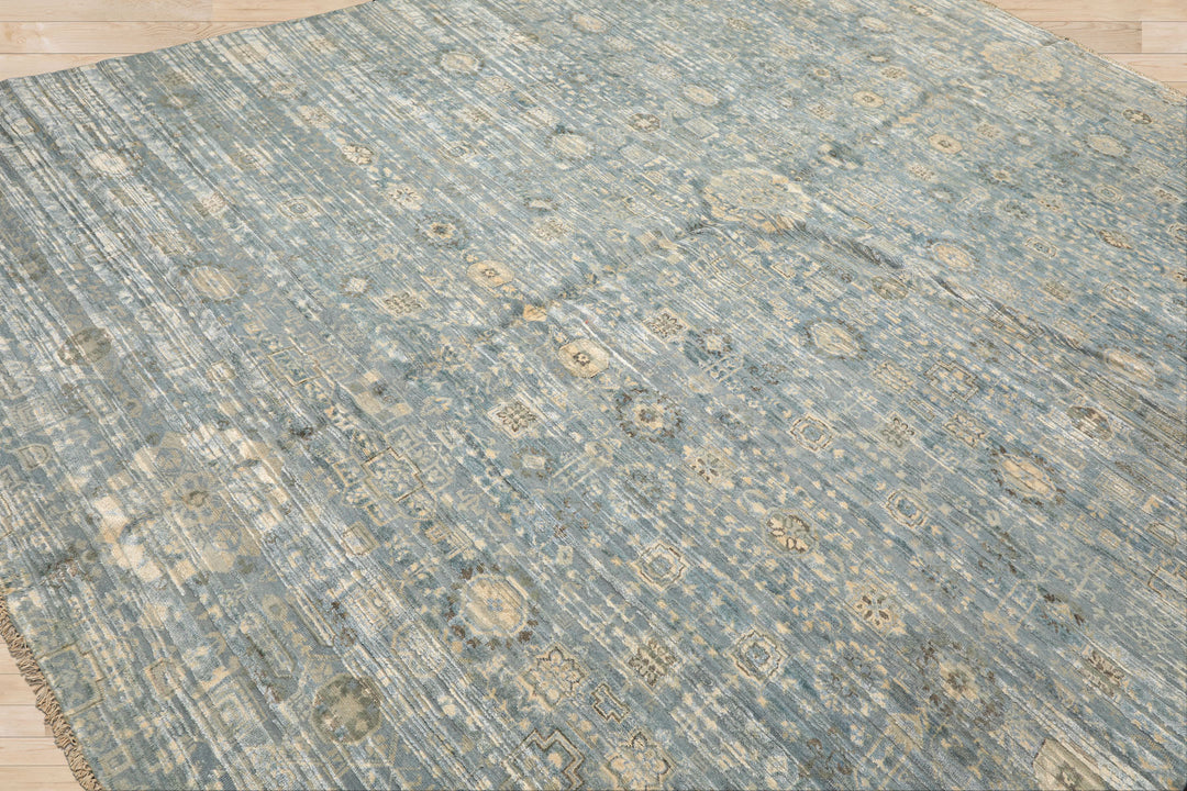 9x12 Aqua, Ivory, Beige Color Hand Knotted Tibetan Wool &amp; Silk Modern &amp; Contemporary Oriental Rug