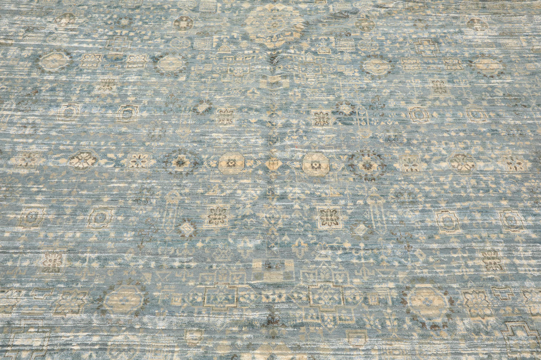 9x12 Aqua, Ivory, Beige Color Hand Knotted Tibetan Wool &amp; Silk Modern &amp; Contemporary Oriental Rug