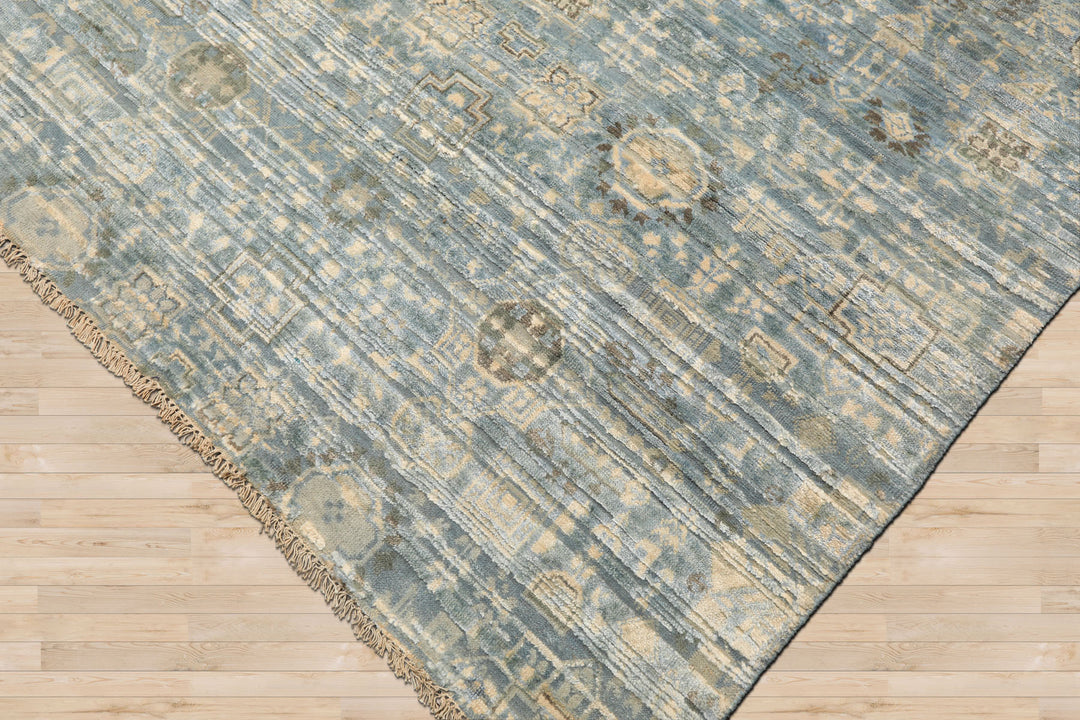 9x12 Aqua, Ivory, Beige Color Hand Knotted Tibetan Wool &amp; Silk Modern &amp; Contemporary Oriental Rug