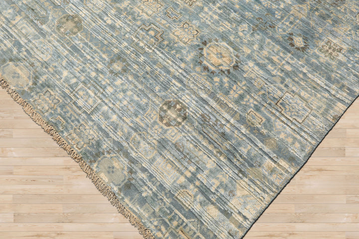 9x12 Aqua, Ivory, Beige Color Hand Knotted Tibetan Wool &amp; Silk Modern &amp; Contemporary Oriental Rug
