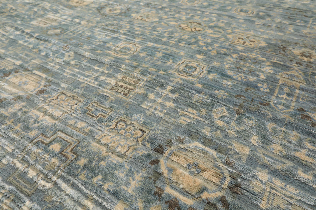 9x12 Aqua, Ivory, Beige Color Hand Knotted Tibetan Wool &amp; Silk Modern &amp; Contemporary Oriental Rug