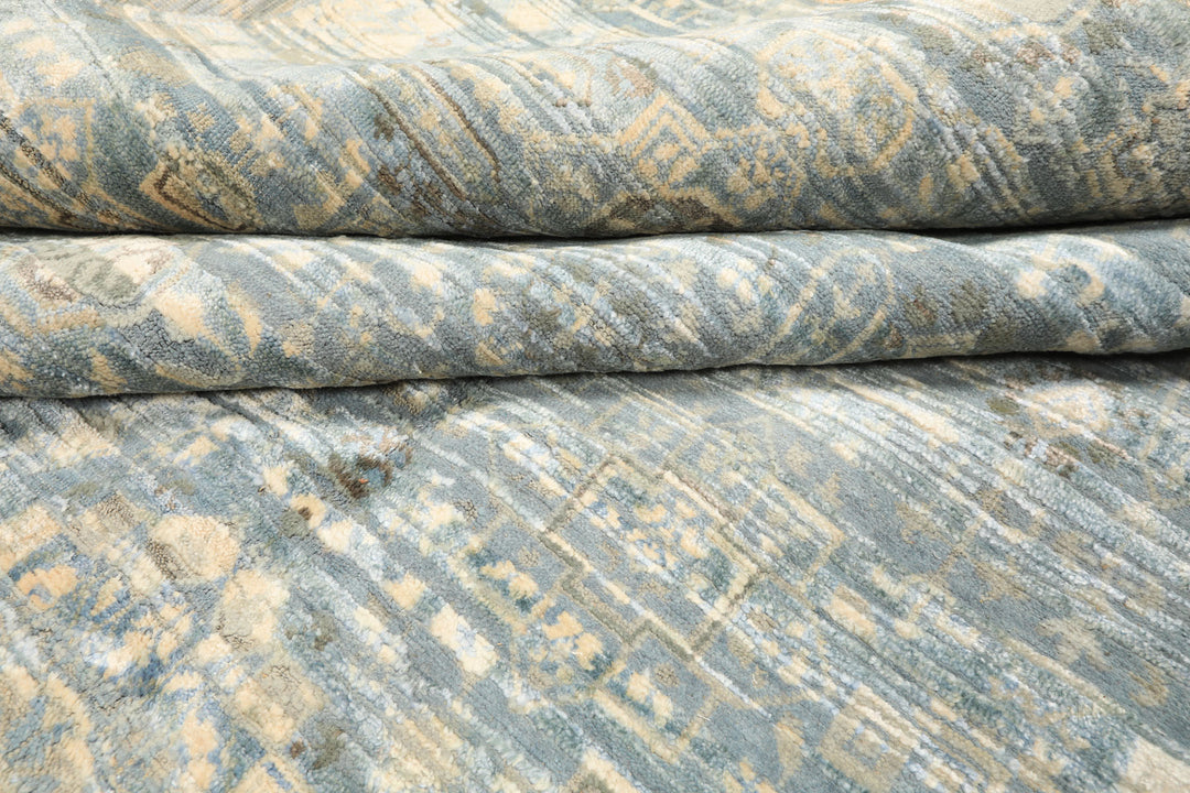 9x12 Aqua, Ivory, Beige Color Hand Knotted Tibetan Wool &amp; Silk Modern &amp; Contemporary Oriental Rug