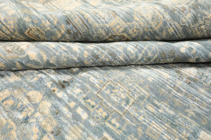 9x12 Aqua, Ivory, Beige Color Hand Knotted Tibetan Wool &amp; Silk Modern &amp; Contemporary Oriental Rug