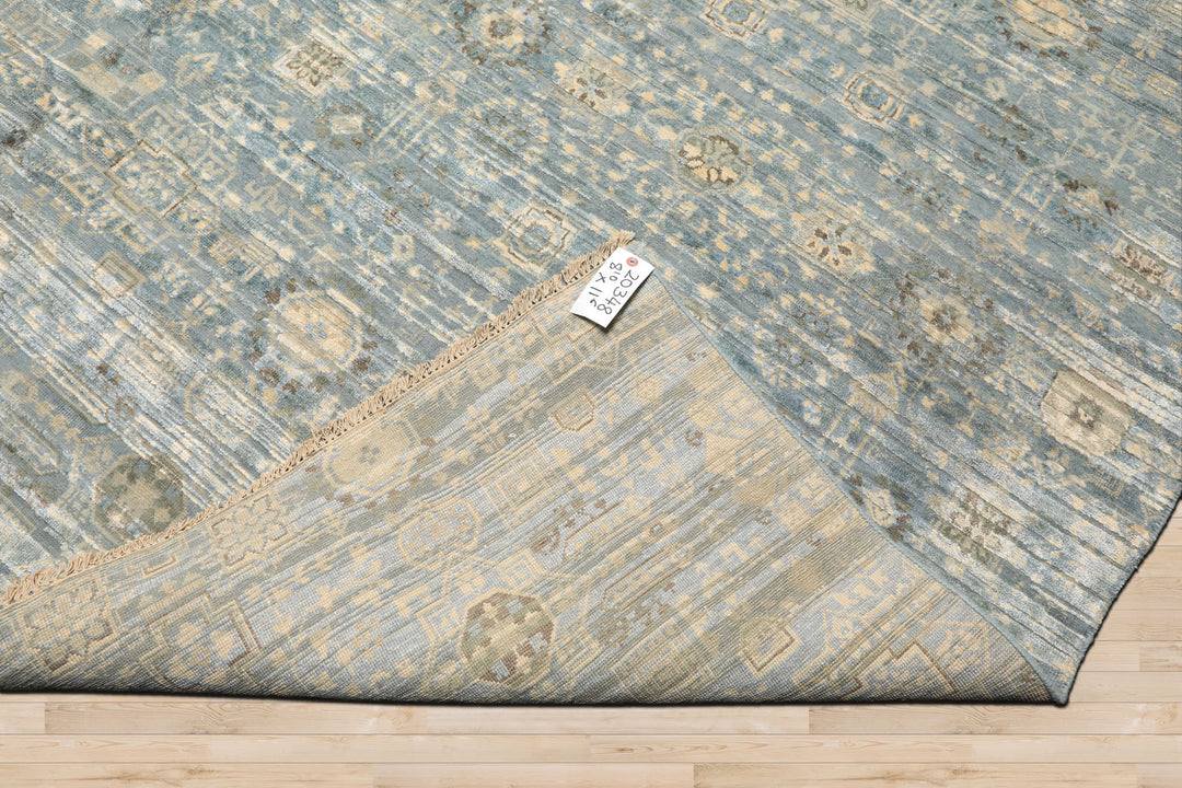 9x12 Aqua, Ivory, Beige Color Hand Knotted Tibetan Wool &amp; Silk Modern &amp; Contemporary Oriental Rug