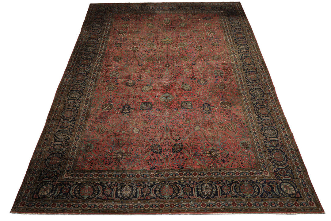 Oversize Antique Rose, Navy, Brown Color Hand Knotted Sarouk Wool Traditional Oriental Rug