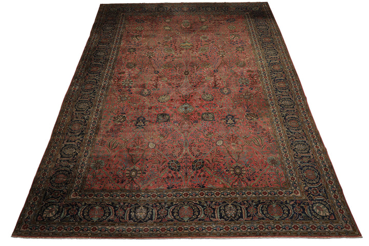 Oversize Antique Rose, Navy, Brown Color Hand Knotted Sarouk Wool Traditional Oriental Rug