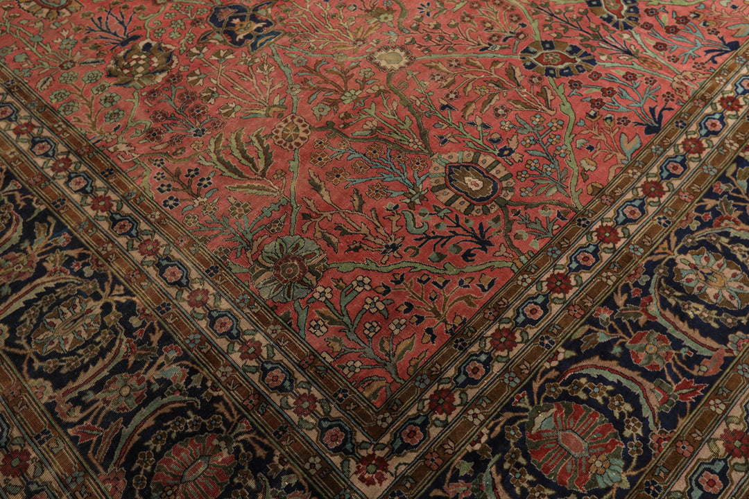 Oversize Antique Rose, Navy, Brown Color Hand Knotted Sarouk Wool Traditional Oriental Rug